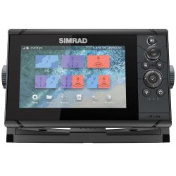 a picture of a SIMRAD navigation unit with the home screen displaying